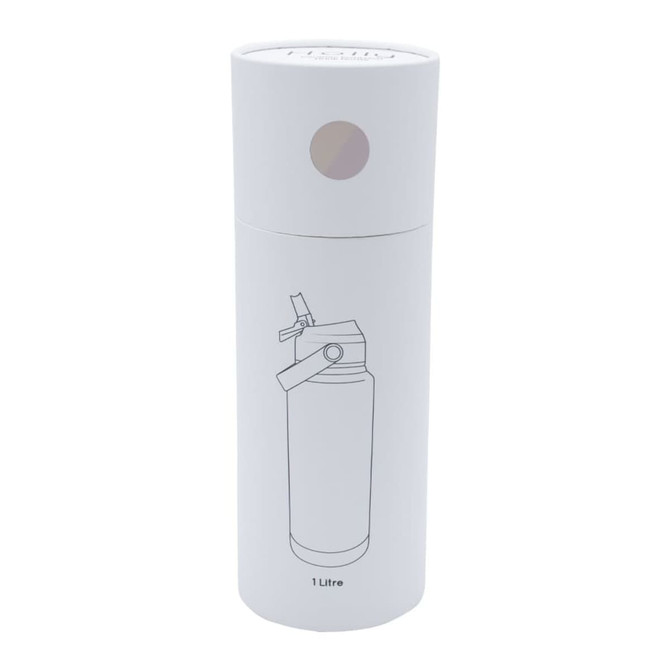 A drink bottle in a cylindrical white design, featuring an illustration of a bottle and a logo.