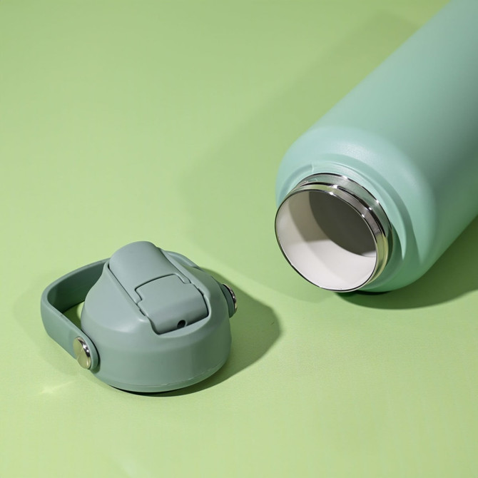 A drink bottle in a pastel green colour with a removable cap, featuring a stainless steel interior.