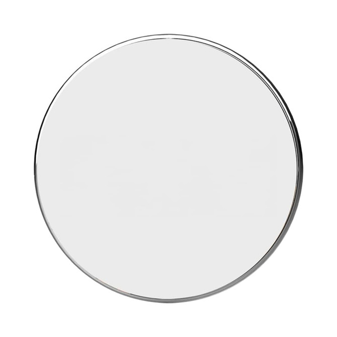 A round mirror with a sleek silver border, featuring a reflective surface.