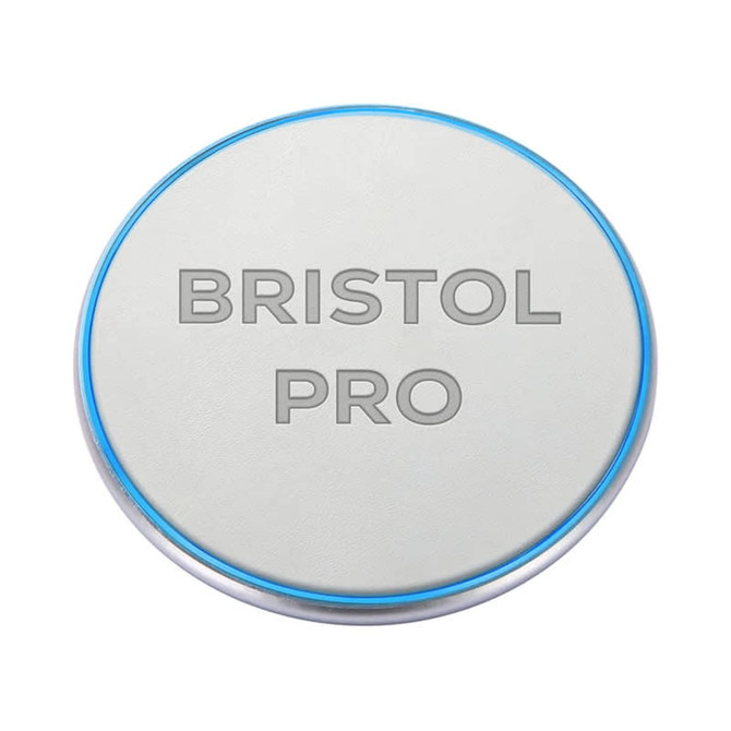 A round, light grey wireless charger with a blue edge and a logo on the surface.
