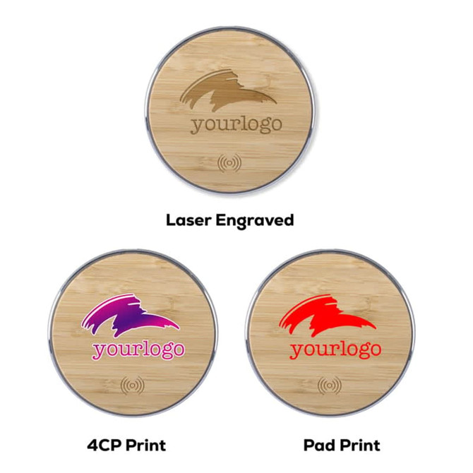 A wireless charger featuring a bamboo surface, showcasing three design options with different printing styles and colours.