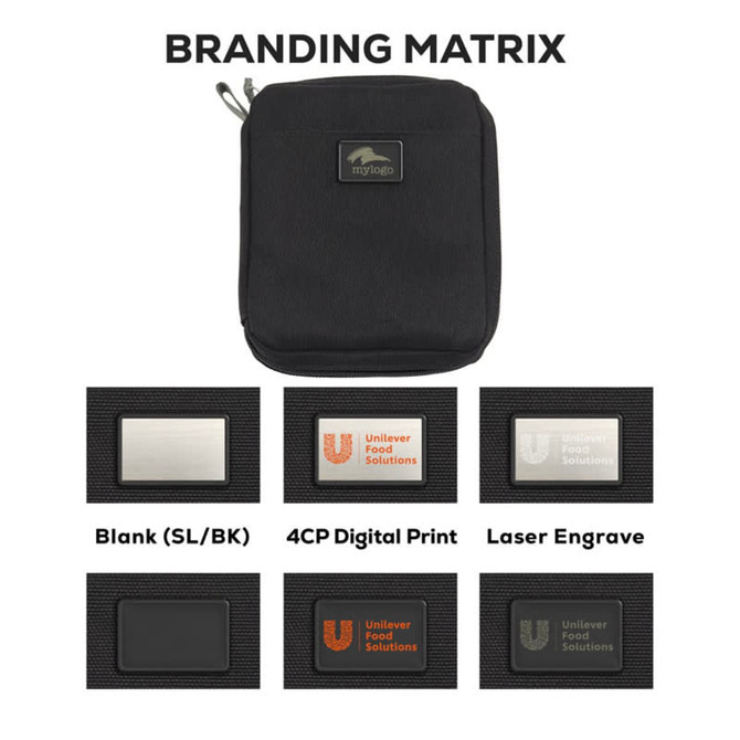 A black eco accessory pouch with a zipper, featuring a branded logo and various branding surface options.