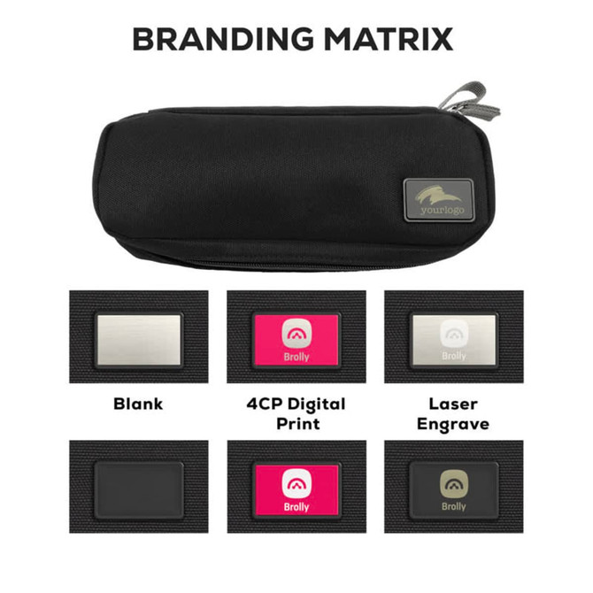 A black eco accessory pouch featuring a branding area and a zip closure. Suitable for toiletries and small items.