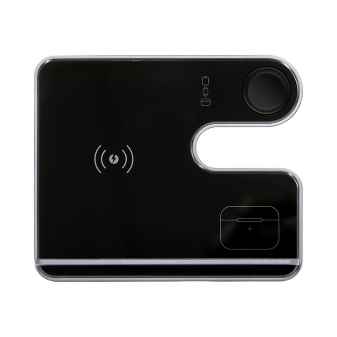 A black and silver wireless charger with a sleek design featuring multiple charging sections.