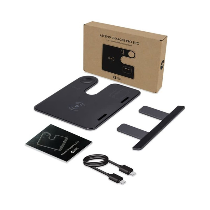 A wireless charger in black with a sleek design, accompanied by a manual, stand, and USB cable, packaged in a brown box.