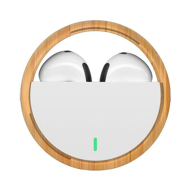 White TWS earbuds housed in a circular bamboo case, featuring a single green indicator light.