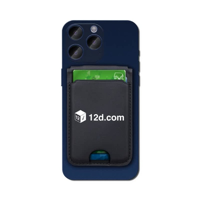 A navy phone with a black magnetic card wallet attached, featuring a logo and holding a green card inside.