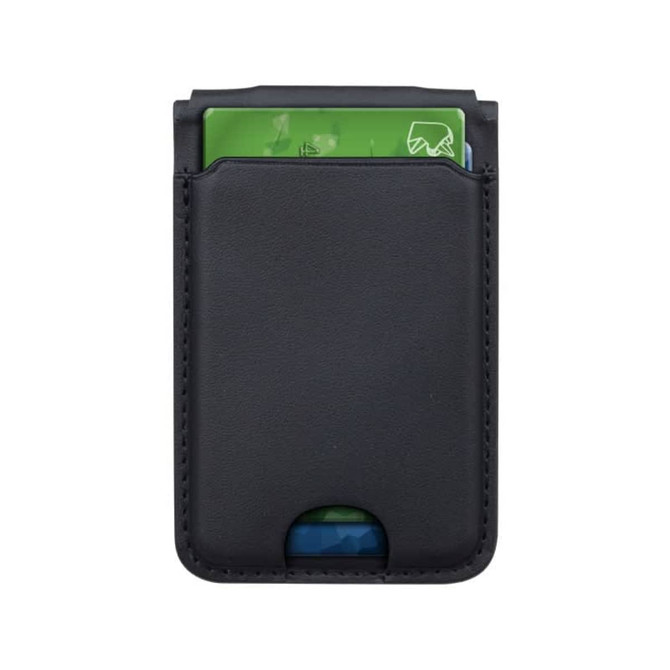 A black magnetic card wallet with slots for cards, designed for wireless charging capabilities.