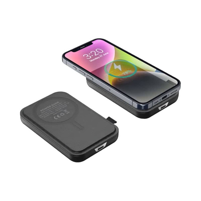 A black power bank with a magnetic attachment, alongside a smartphone displaying charging status.