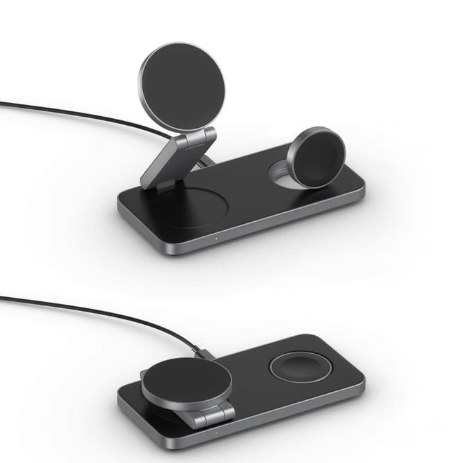 A black 15W 3-in-1 magnetic wireless charging station with a sleek design for various devices. It features a stand and multiple charging pads.