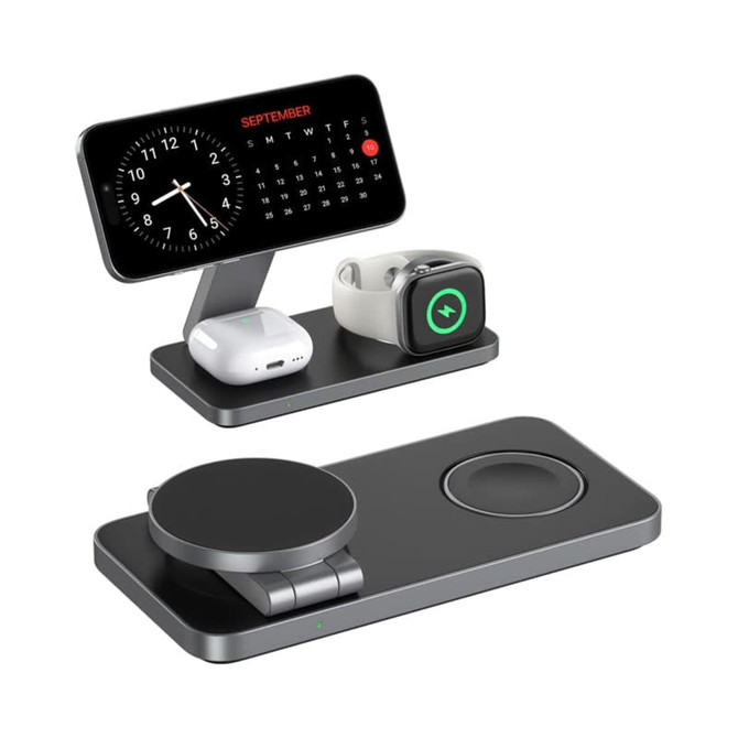 A black and grey 3-in-1 magnetic wireless charging station for phones, smartwatches, and earbuds, featuring a clock and calendar display.