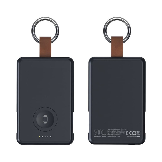 A black magnetic power bank with a leather strap and keyring, featuring a circular charging area and indicator lights.