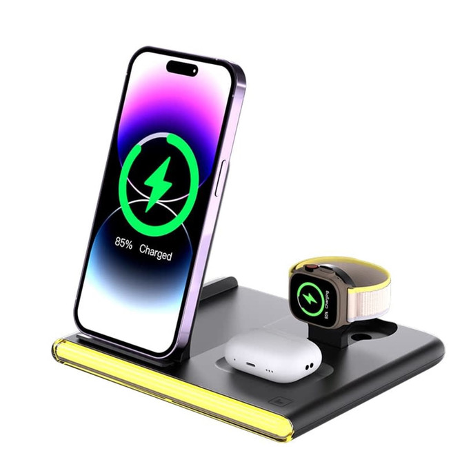 A black wireless charger with a phone, AirPods, and a smartwatch, featuring charging indicators and a logo.