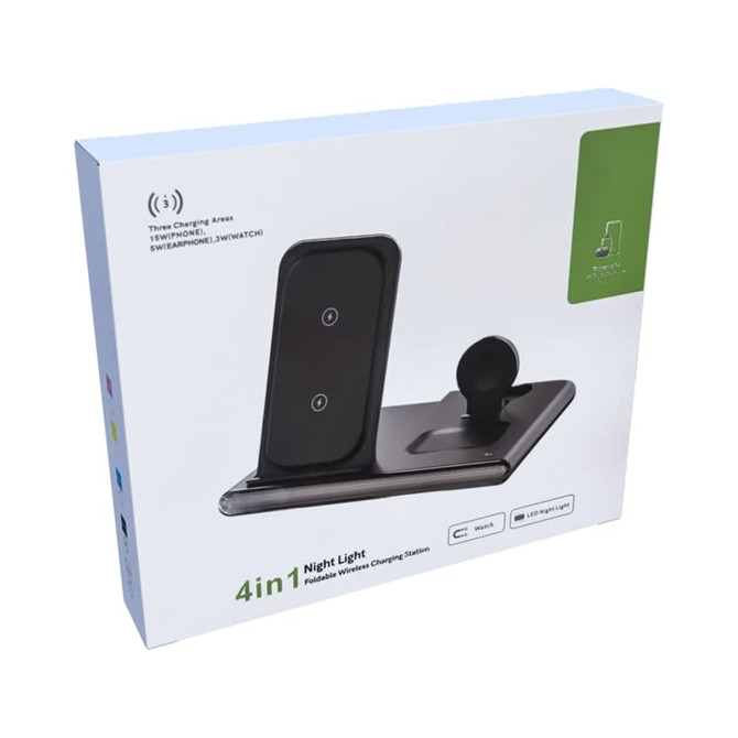 A wireless charging station featuring a sleek black design, with three charging areas and a logo on the packaging.