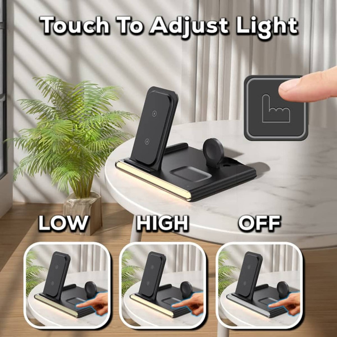 A black wireless charger and USB adaptor on a table with adjustable light settings. Features a logo.