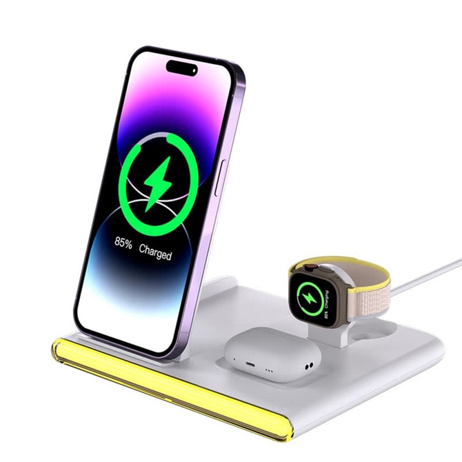 A wireless charger in white, featuring a phone, earbuds, and a smartwatch, with a logo present.