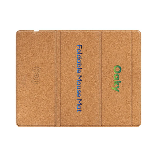 A foldable wireless charging mouse pad in a natural cork finish. Features branding and a wireless charging symbol.