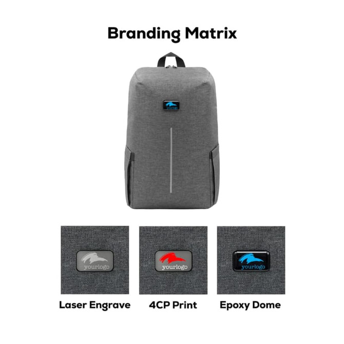 A grey backpack featuring a simple design and a logo on the front, with options for branding above it.