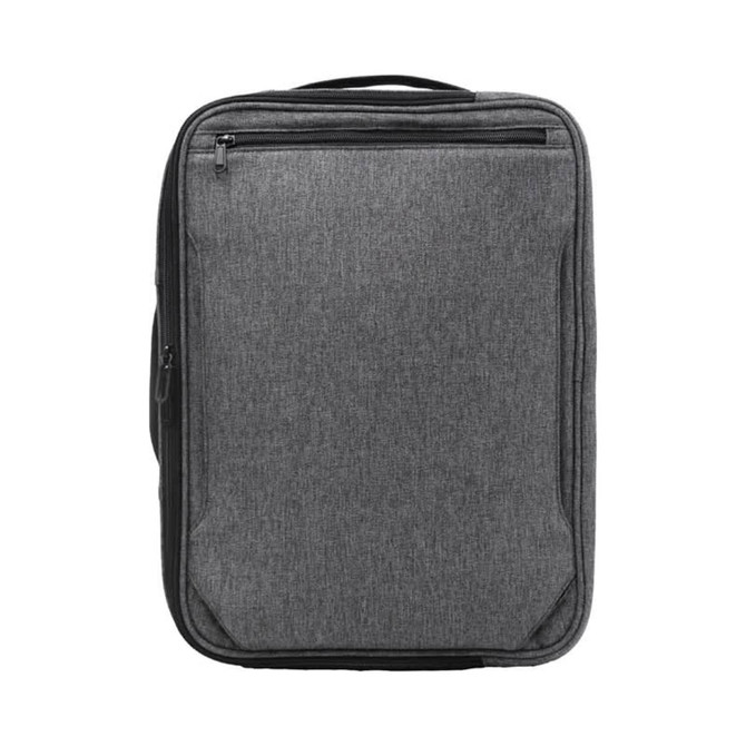 A grey laptop bag with a sleek design and a zippered front pocket, featuring a logo.