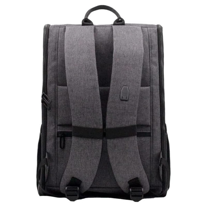 A grey backpack with padded straps and a top handle, featuring zippers and a logo on the front.