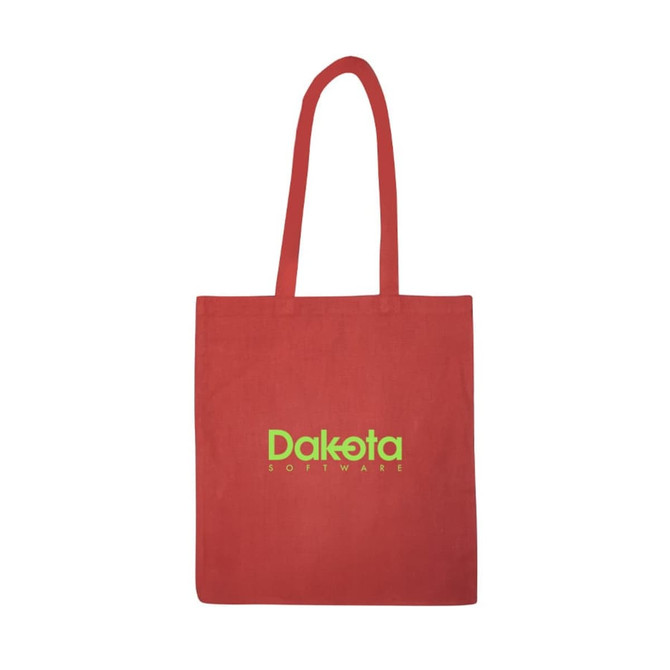 A red tote bag with long handles and a logo printed in green.