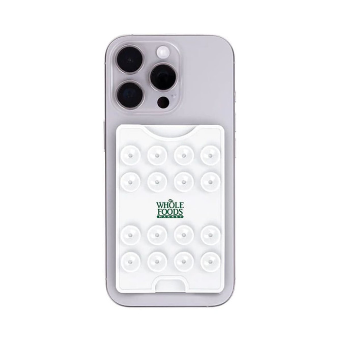 A white suction phone wallet with multiple suction cups on its surface, attached to a smartphone.