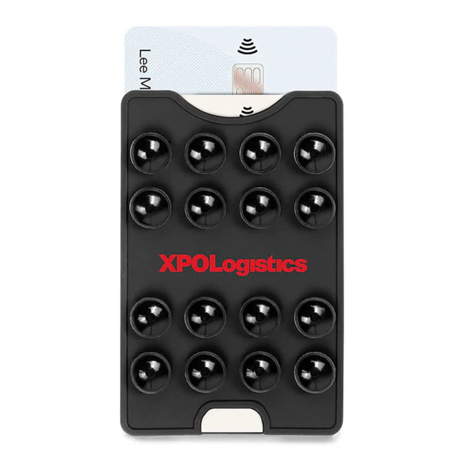A black suction phone wallet with multiple suction cups and a card slot, featuring a logo on the front.