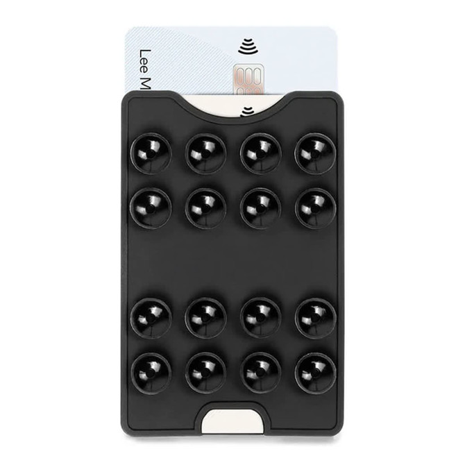 A black suction phone wallet with multiple suction cups and a card slot at the top. It has a logo on the back.