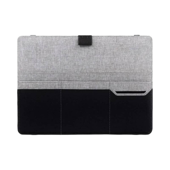 A grey and black eco-friendly clipboard with pockets and a logo.