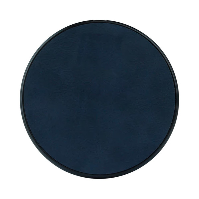 A round, navy blue wireless charger with a sleek, minimal design and a branding logo in the centre.