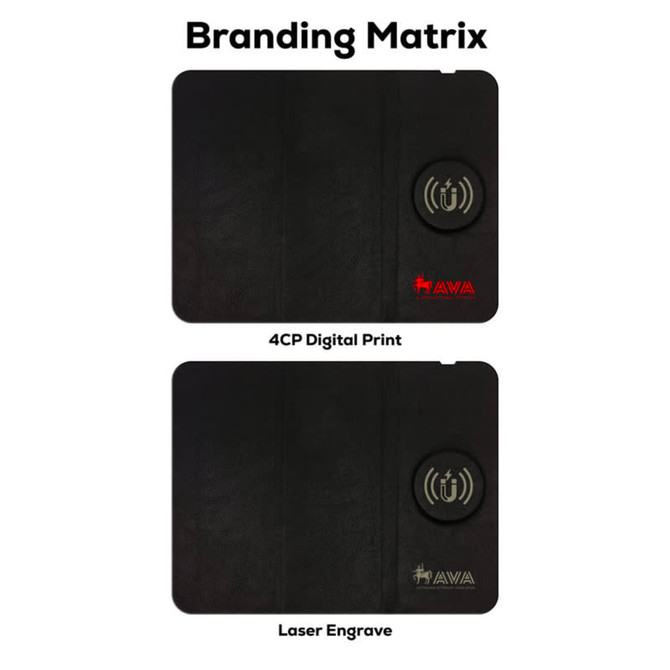 A foldable black mouse pad featuring a magnetic wireless charger and branding options.
