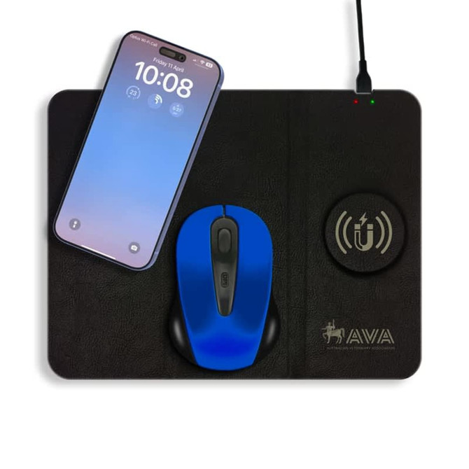 A black foldable wireless charging mouse pad with a blue mouse and a smartphone placed on it, featuring a logo.