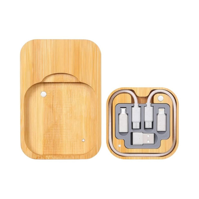 A bamboo wireless charger cable kit featuring four connectors in grey tray, compact and eco-friendly design.