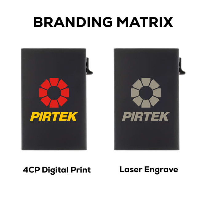 A promotional RFID case with a matte finish, featuring two branding options and a logo on both designs.