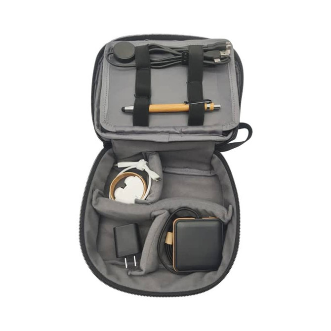 A grey eco accessory pouch filled with cables, a pen, a charger, and a small black device. It has a zipper closure.