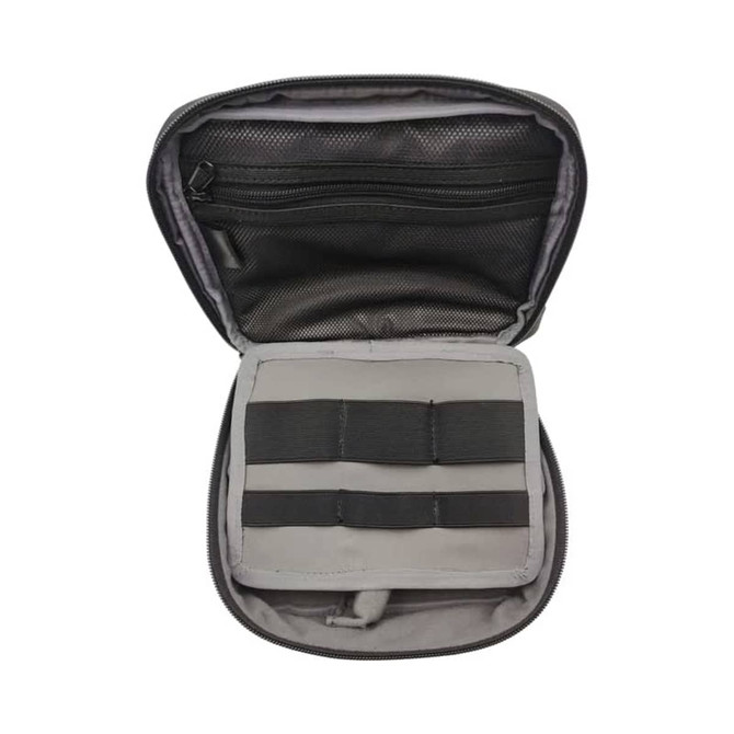 An open grey accessory pouch featuring mesh pockets and elastic straps for organisation. It has a zipper closure and a simple design.