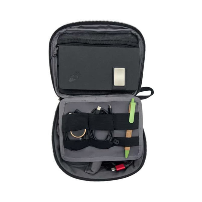 An eco accessory pouch in grey, featuring a central pocket, elastic straps, and various storage spaces for cables and items.