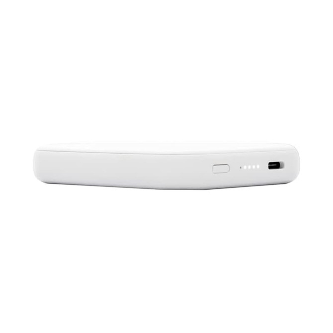 A white wireless power bank with a sleek design, featuring a USB-C port and an indicator light.