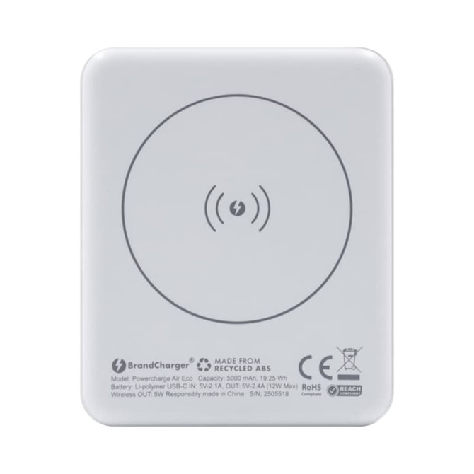 A white magnetic wireless power bank, 5000 mAh capacity, with a logo and a sleek, minimalist design.
