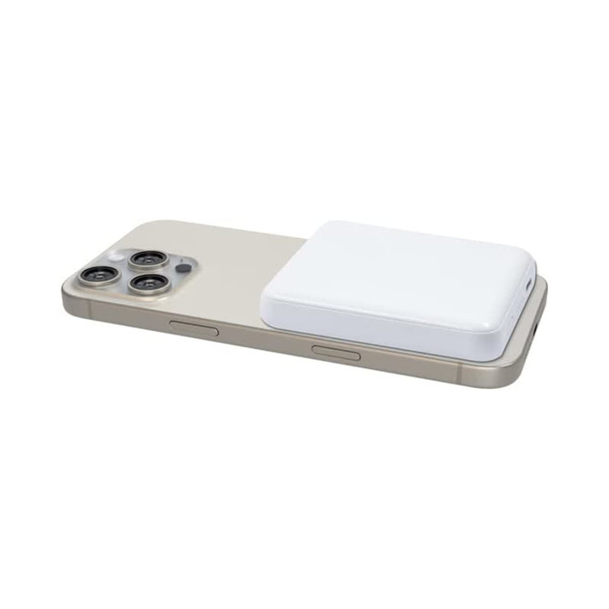 A smartphone in a light colour with a white magnetic wireless power bank on its back, featuring rounded edges.