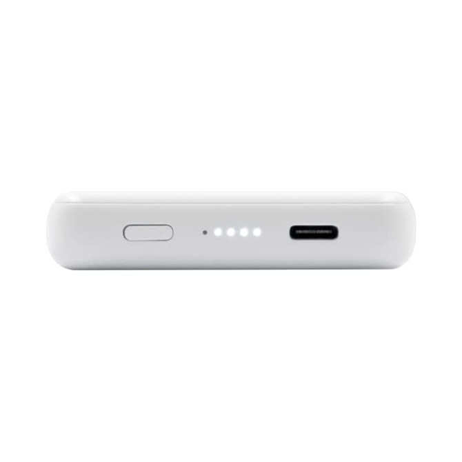 A white magnetic wireless power bank with a USB-C port and four LED indicator lights.