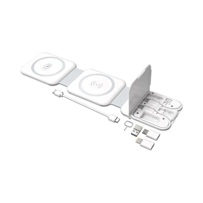 A white magnetic wireless charging kit with three pads and various charging cables, featuring a compact, foldable design.
