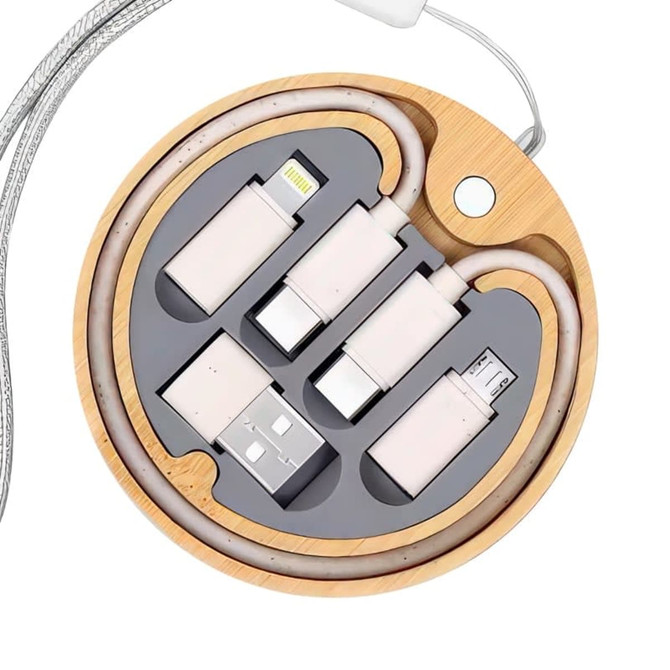 A round bamboo kit featuring multiple charging cables in grey, including USB and Lightning connectors, with a logo.