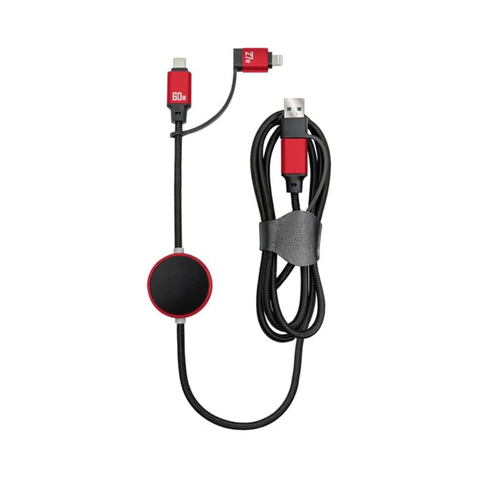 A red and black fast charging data cable with a circular switch and multiple connector ends, featuring a branding logo.