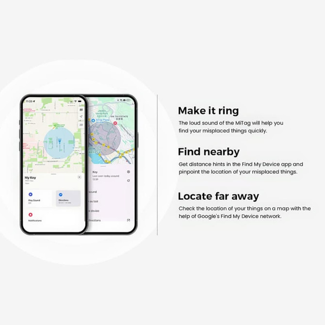 A promotional image featuring two smartphone screens displaying a tracking app with maps and location markers, with logos present.