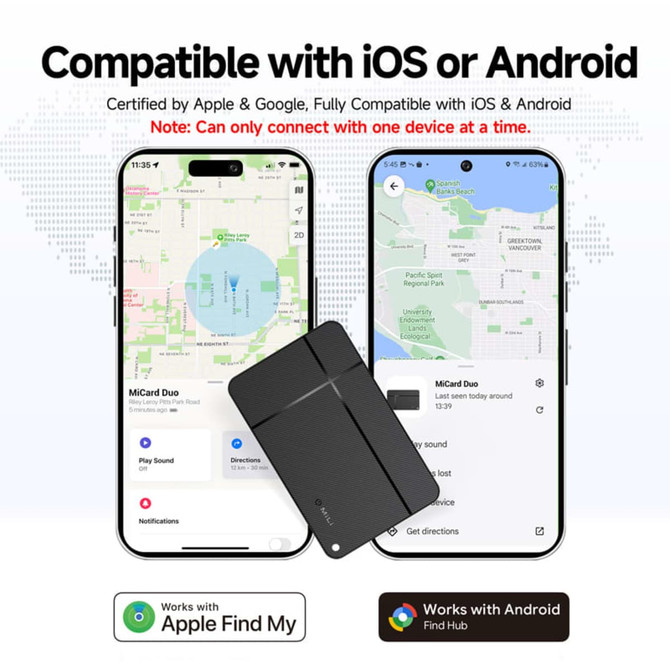 A black MiCard Duo Global Tracking Tag displayed alongside two smartphones, one showing a map interface.