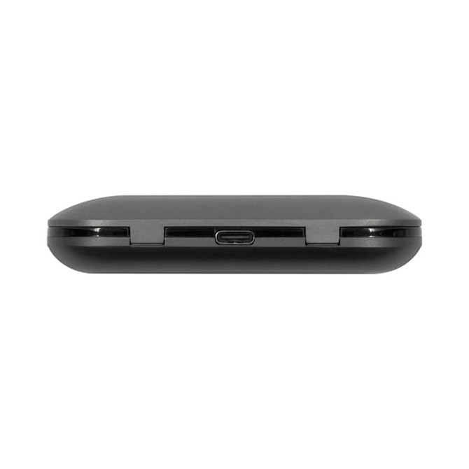 A black charging case for true wireless earbuds featuring a USB-C port. The case has a smooth, rounded design and a branding logo.