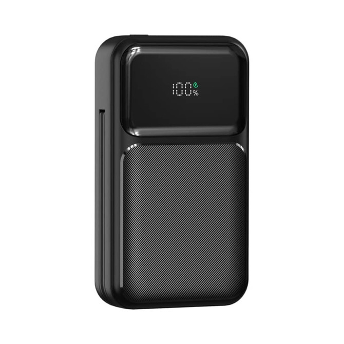 A black retractable cable power bank with a textured design and a digital battery percentage display.