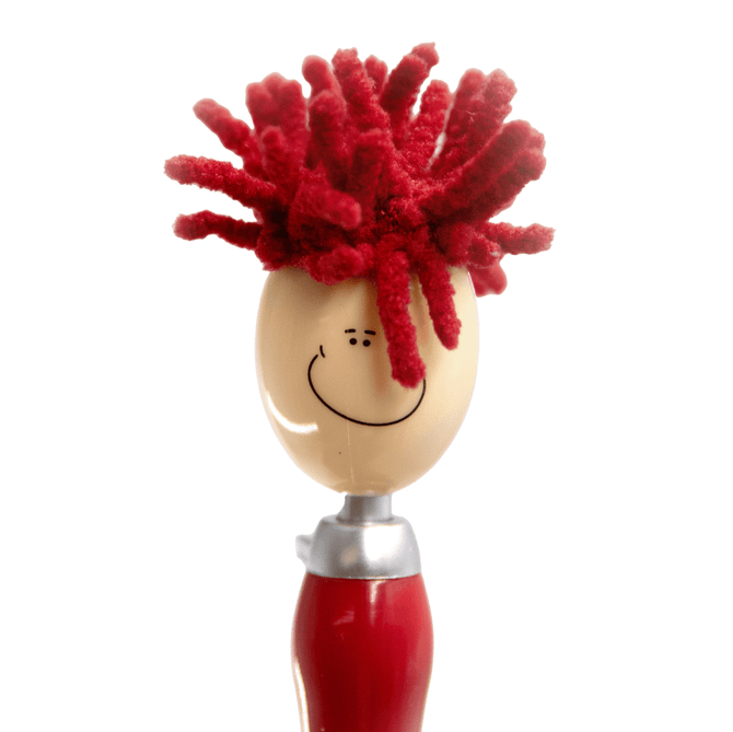 A red Mop Head Pen with a stylus featuring a smiling face and bright red fuzzy strands. It has a silver accent.