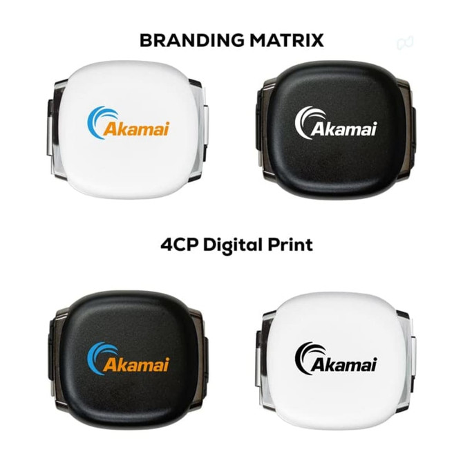 A set of promotional retractable charging data cables in white and black, featuring branding on each side.